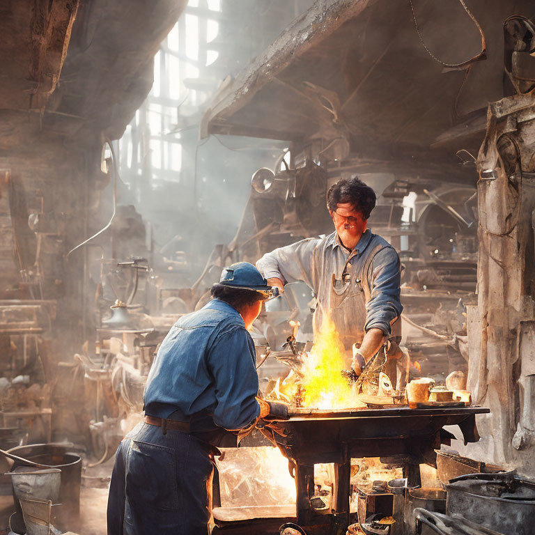 Workers pouring molten metal in dusty foundry setting