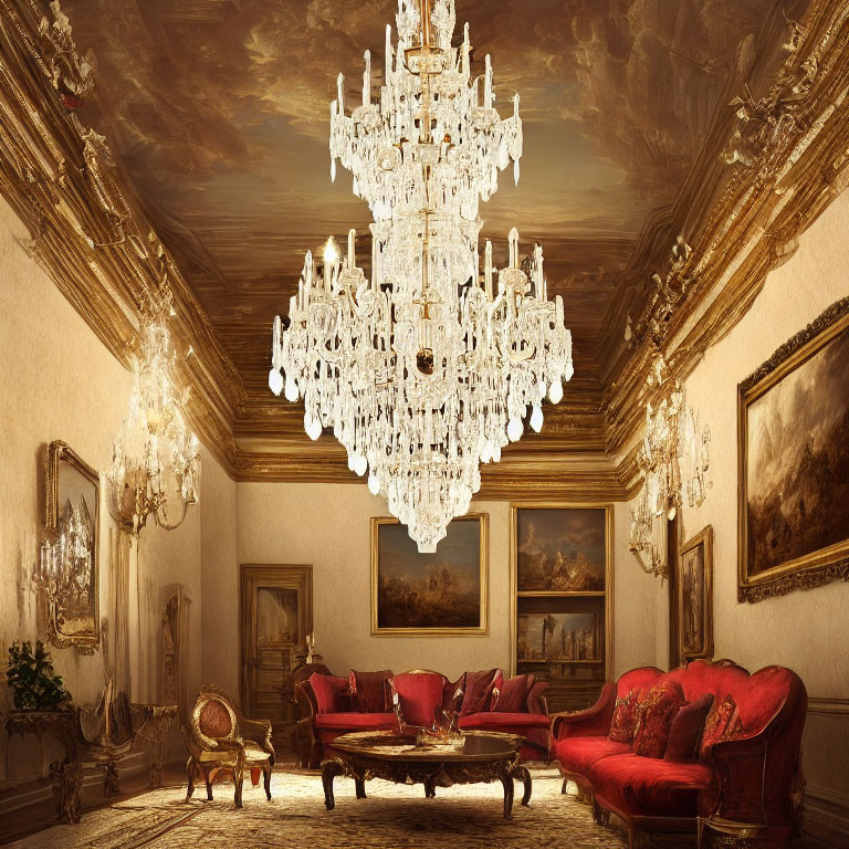 Luxurious Room with Crystal Chandelier, Red Sofas, and Gilded Decor