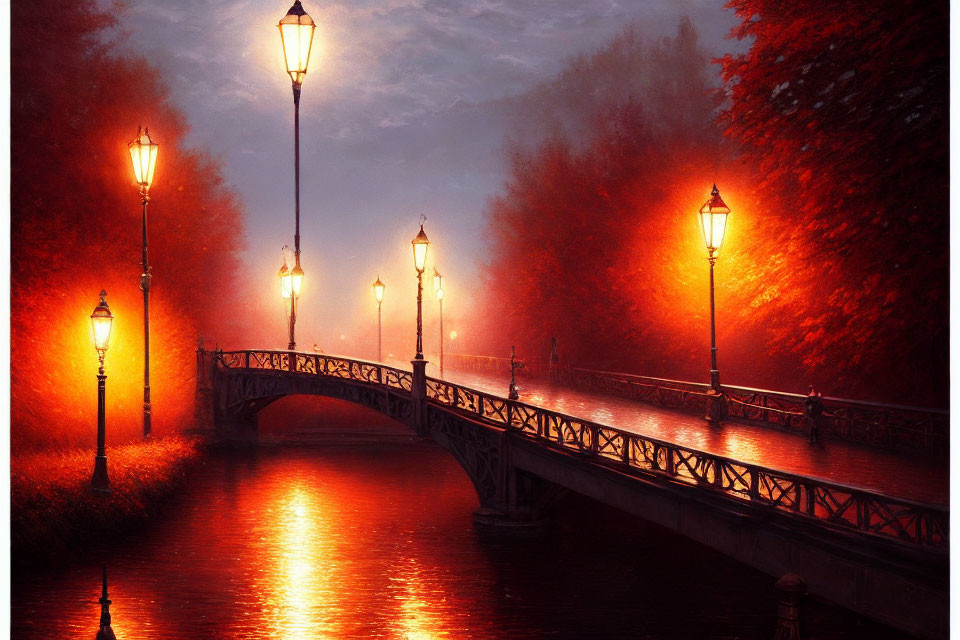 Twilight scene: illuminated bridge over calm river