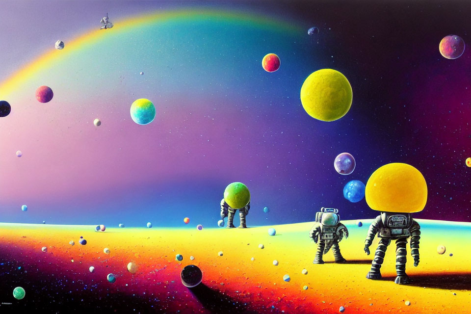Colorful space artwork with astronauts, rainbow, and planets.