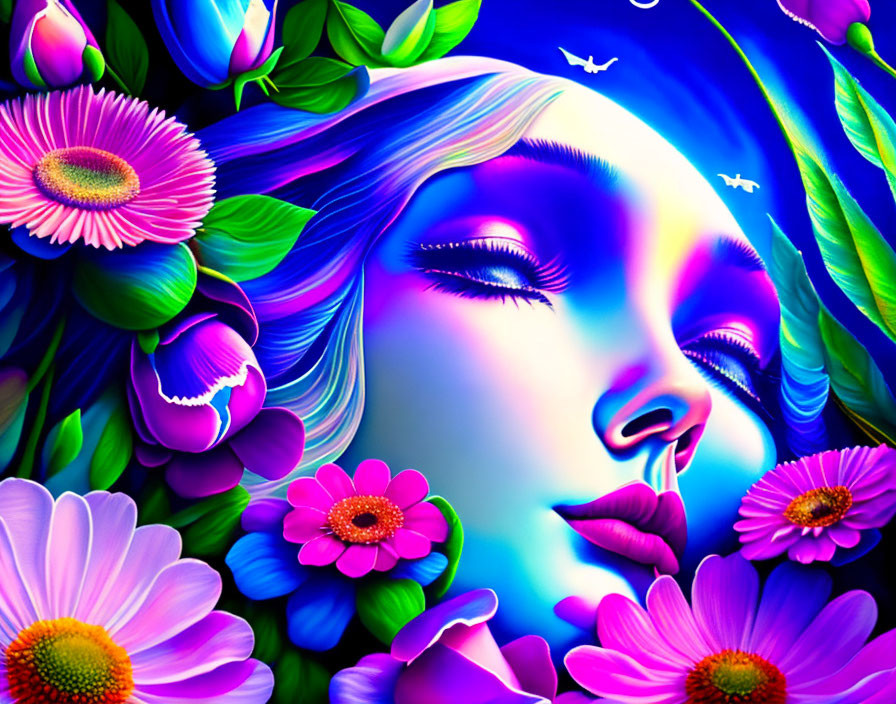 Colorful Woman's Face Illustration with Blue Floral Elements