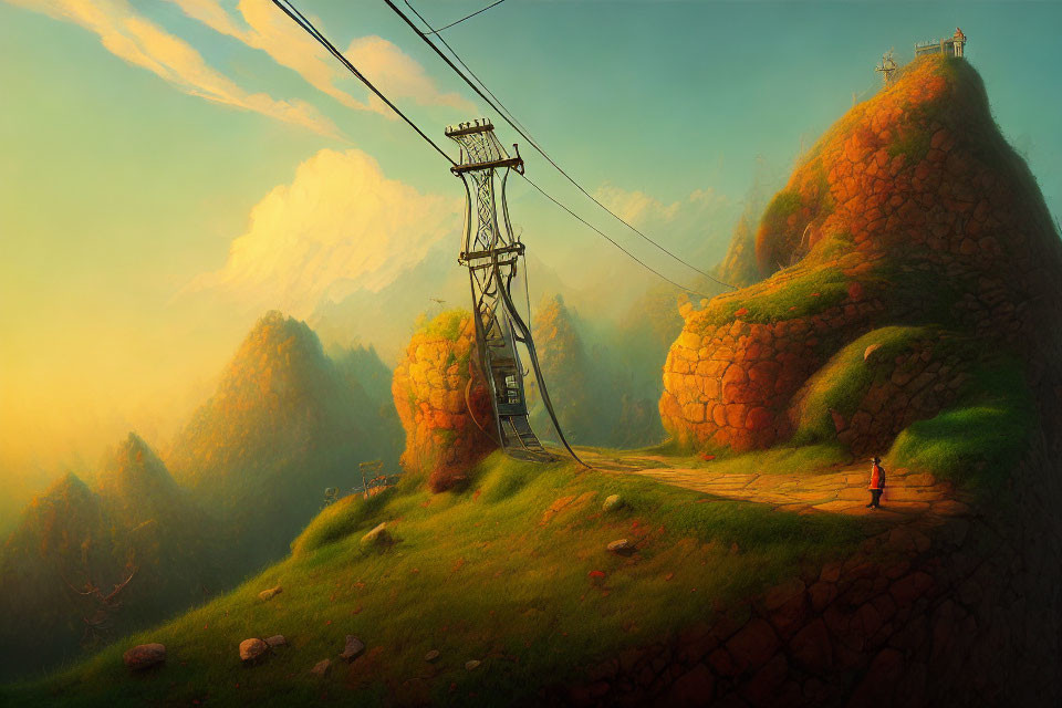 Illustration of person walking to cable car on hilly landscape