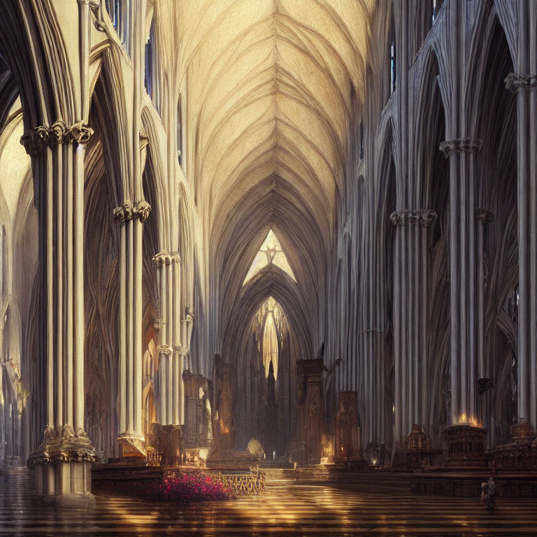 Gothic Cathedral Interior with Vaulted Ceilings and Stained Glass Windows