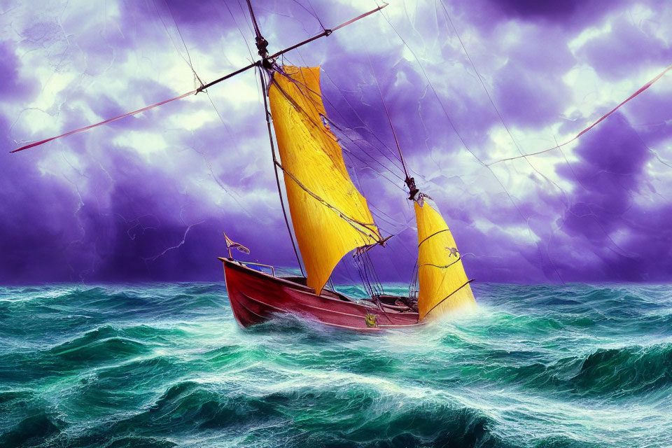 Red Sailboat with Yellow Sails in Stormy Seas under Purple Sky