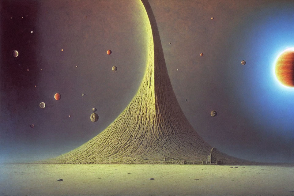 Surreal landscape with conical structure, planets, lone building, cosmic backdrop