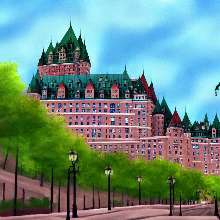 Fairmont Le Château Frontenac with turquoise sky and green foliage.