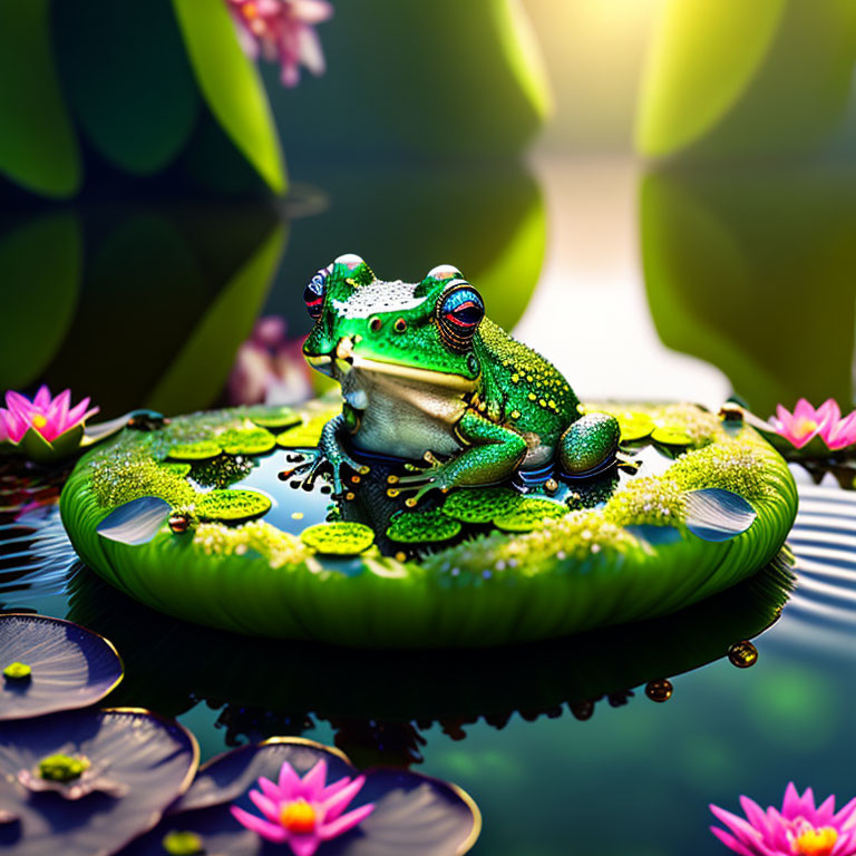 Colorful digital artwork: Frog on lily pad with water droplets among lotus flowers