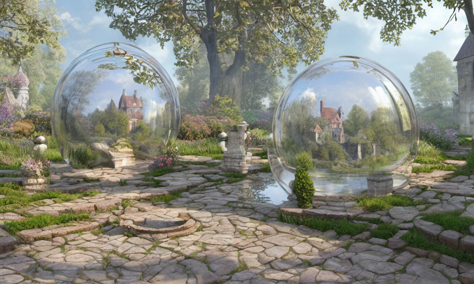 Tranquil garden scene with glass spheres reflecting village and lush greenery