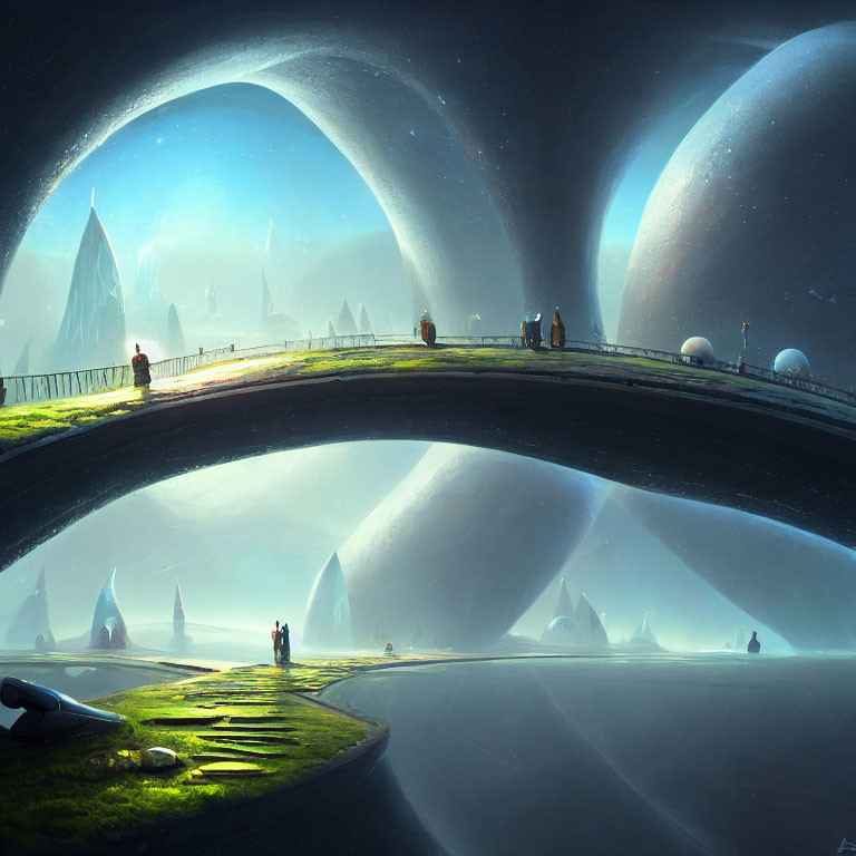 Futuristic landscape with curved pathway, arches, city skyline, and distant planets.