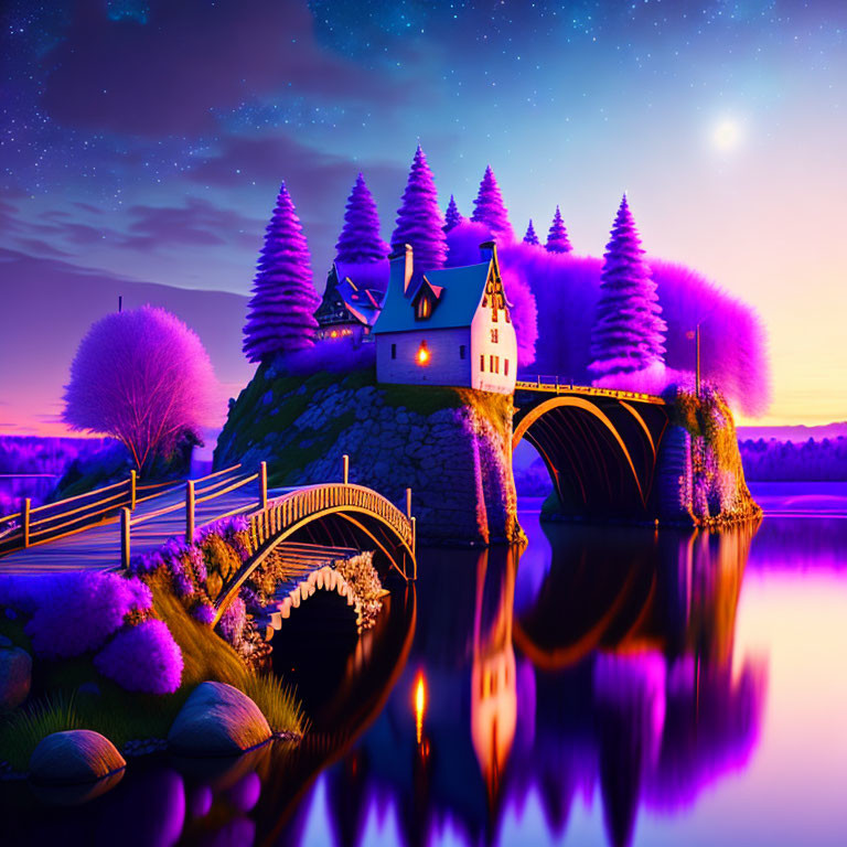 Fantasy landscape at dusk with starry sky, house on rocky island, bridge, purple-lit