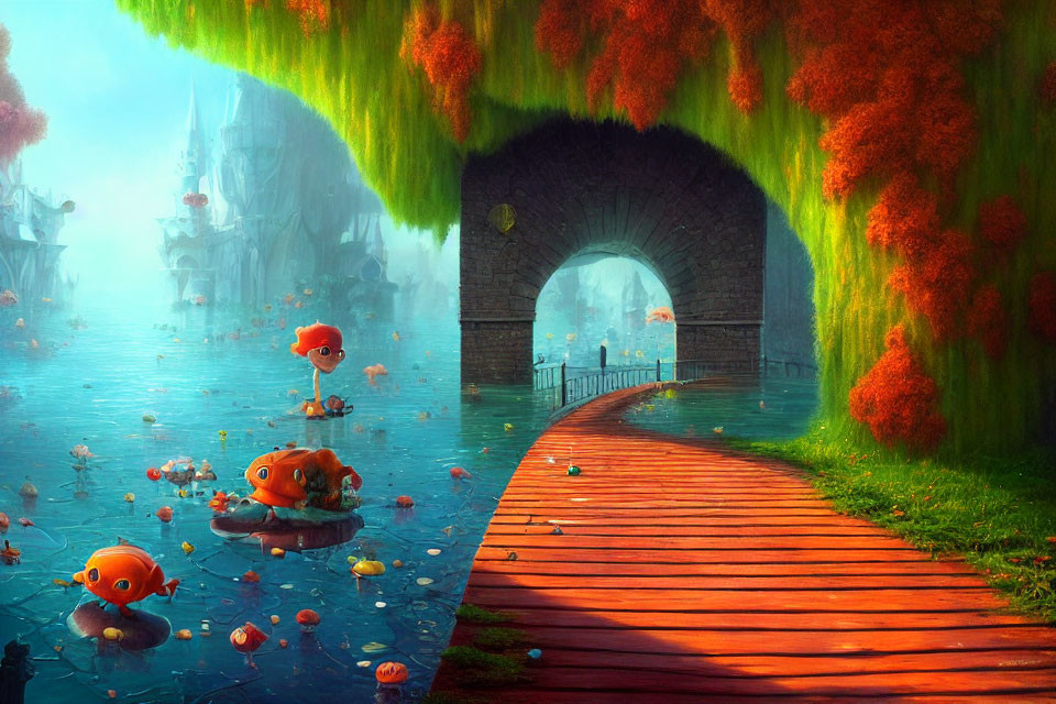 Colorful Landscape with Stone Bridge, Flora, and Orange Fish