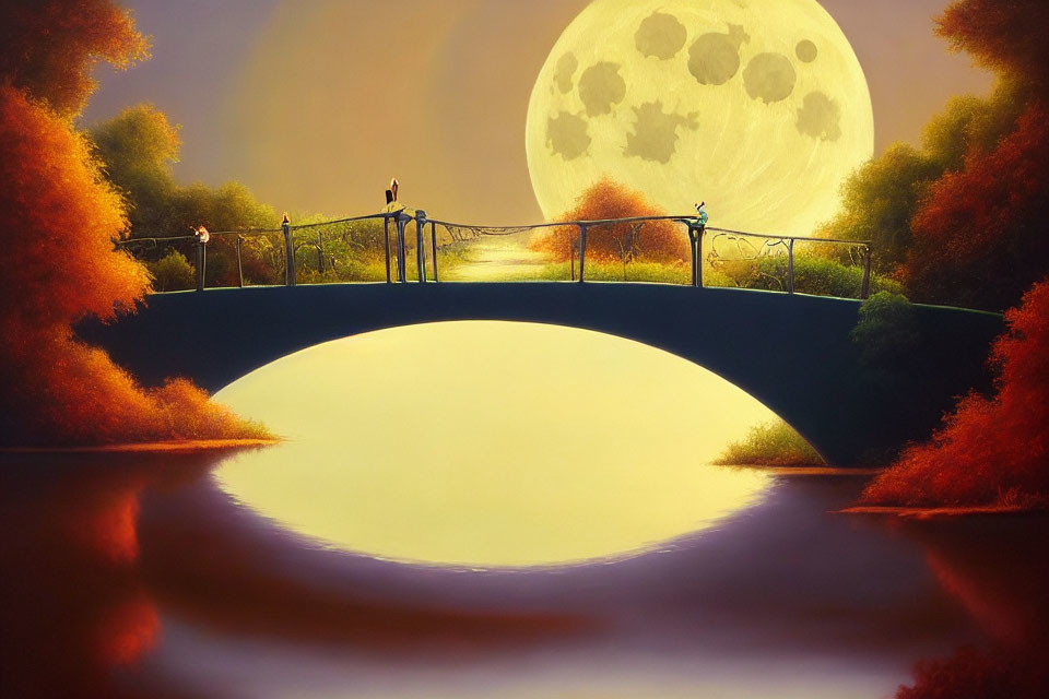 Tranquil painting of two figures on arched bridge under yellow moon