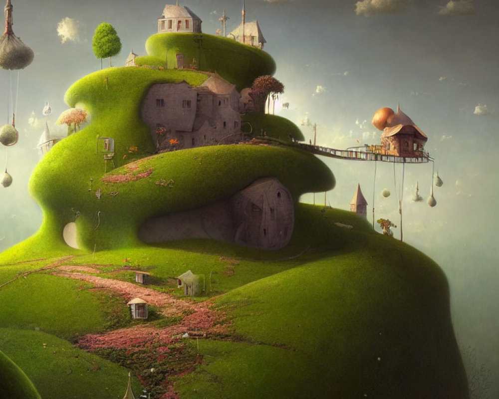 Whimsical landscape with castle on hill, terraced gardens, floating islands, and winding path
