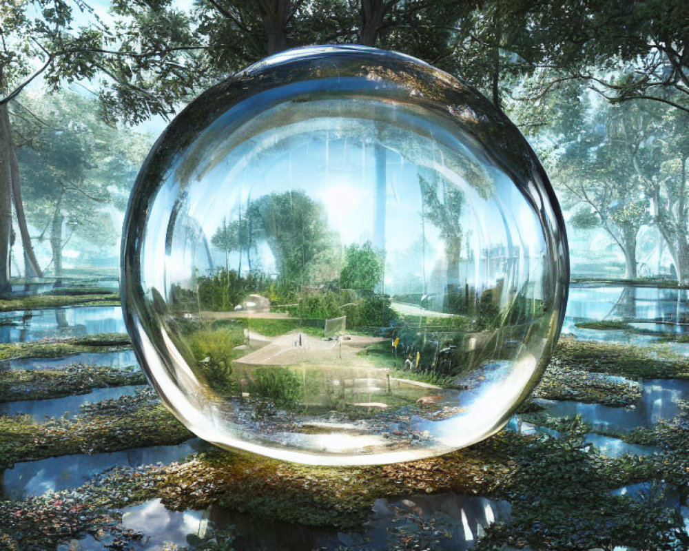 Transparent sphere reflects serene park with water, trees, and bridge