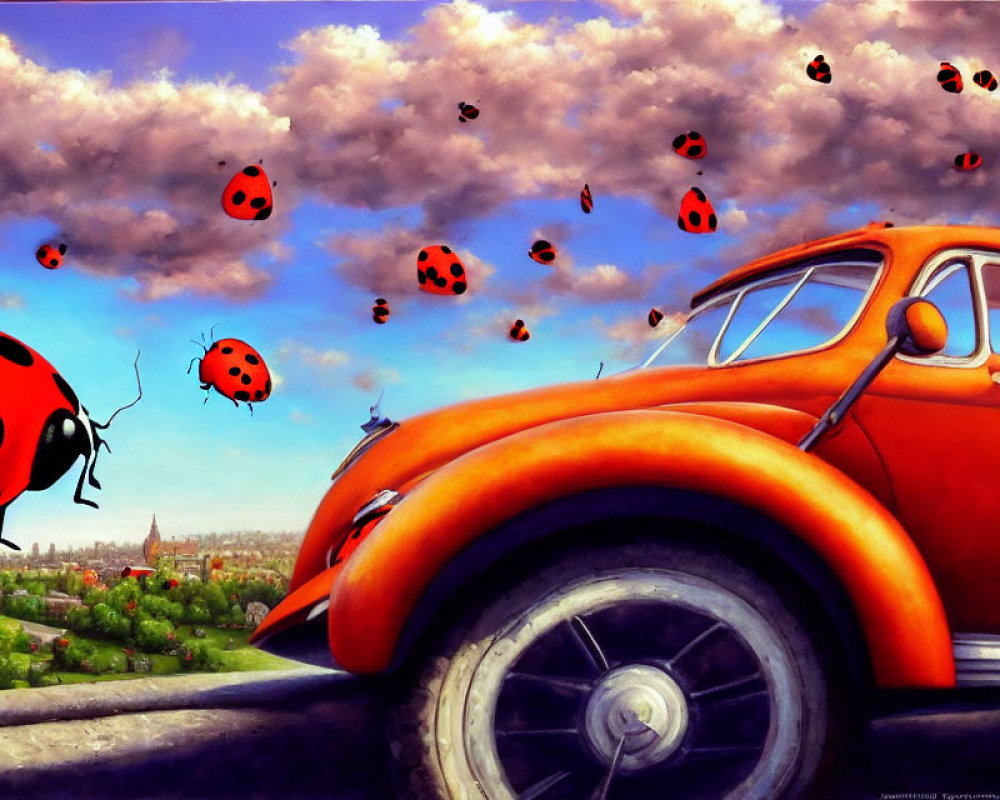 Giant ladybug near orange Volkswagen Beetle with small ladybugs in the sky