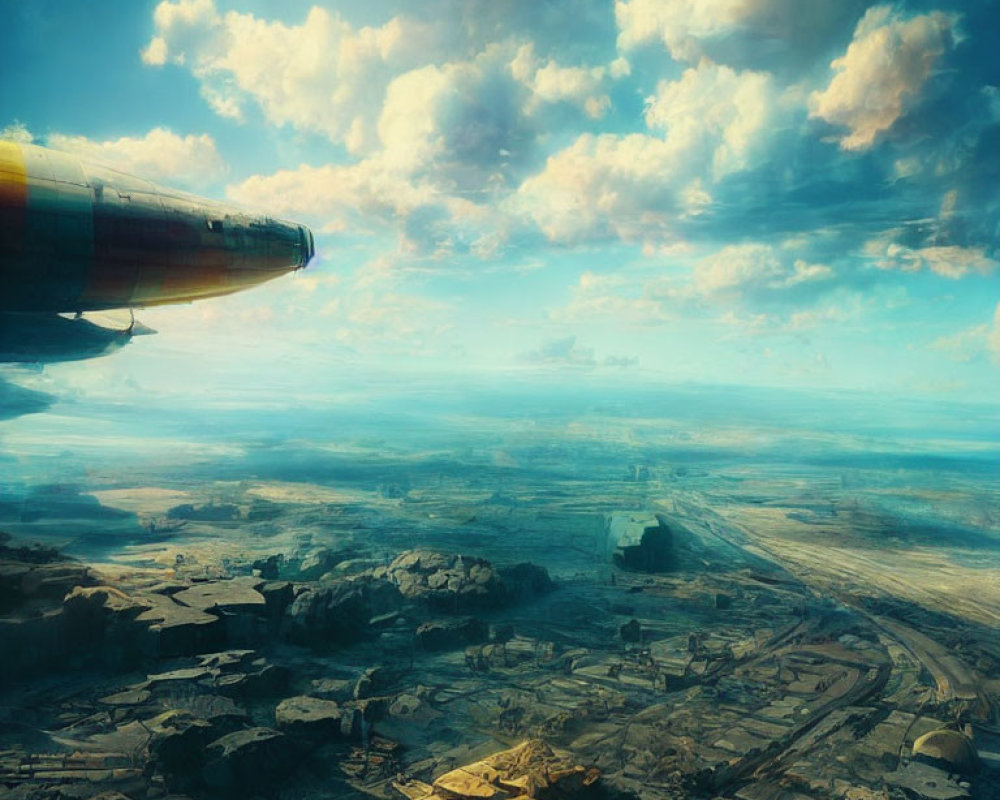 Futuristic airship over desolate landscape with dramatic sky