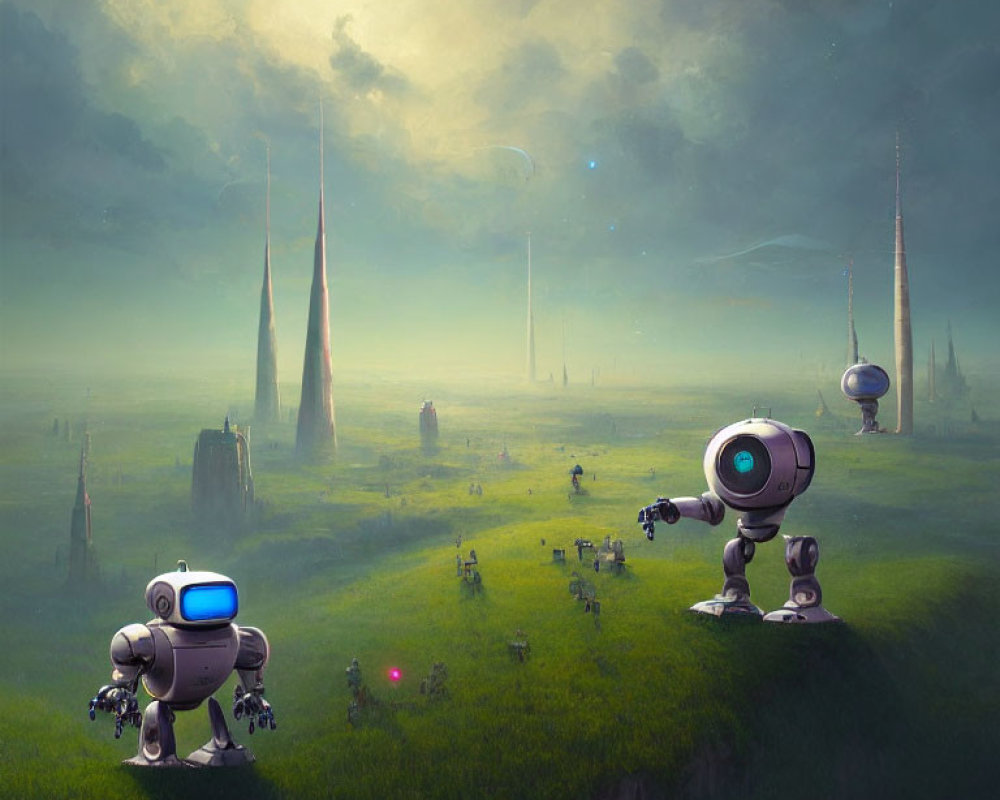 Futuristic robots in misty green landscape with towers and smaller robots.