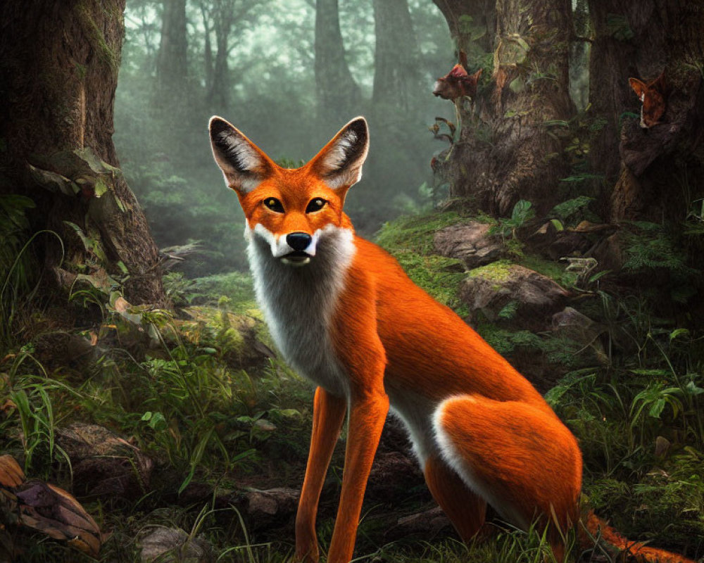 Orange fox in misty forest with others lurking - wildlife scene