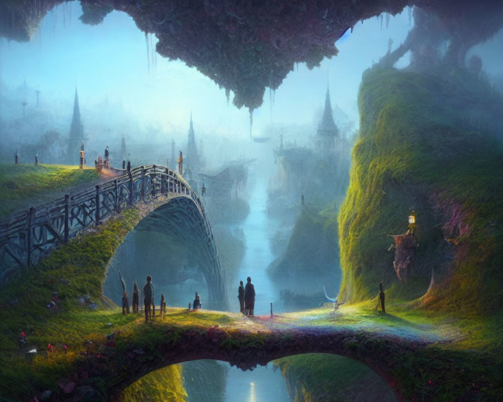 Mystical landscape with arched bridge, cloaked figures, and spired structures in ethereal