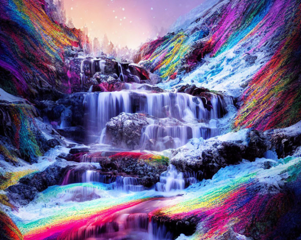 Colorful Waterfall Flowing at Night with Pink Sky