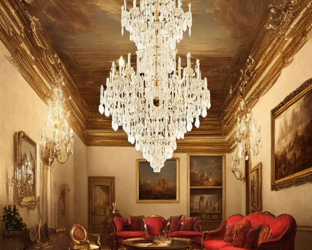 Luxurious Room with Crystal Chandelier, Red Sofas, and Gilded Decor