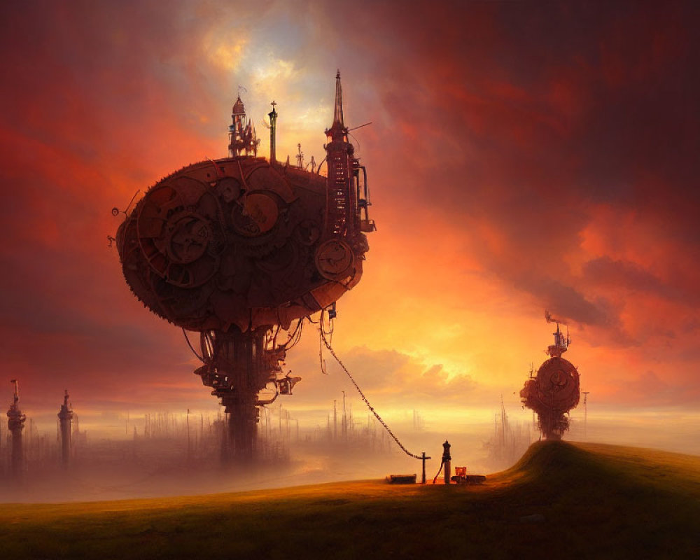 Person observing steampunk airships in dramatic sky.