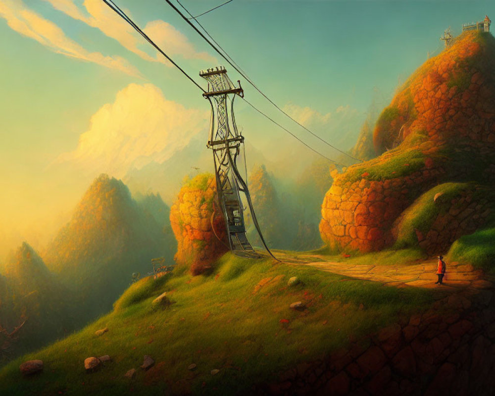 Illustration of person walking to cable car on hilly landscape