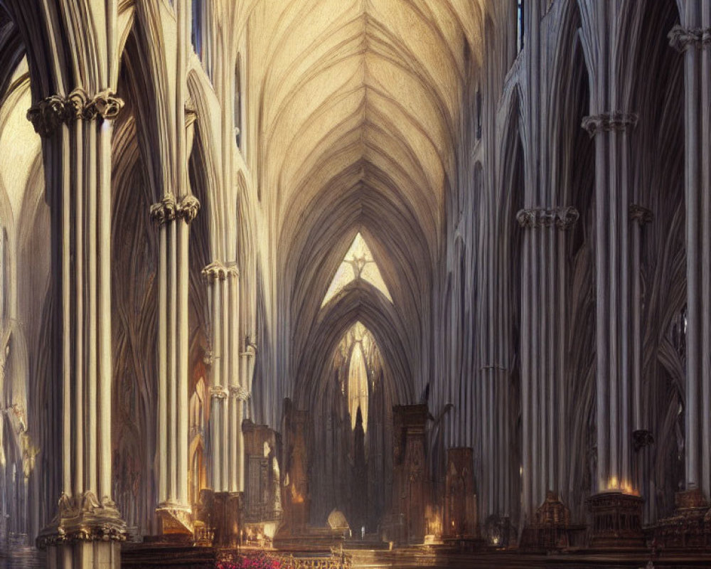 Gothic Cathedral Interior with Vaulted Ceilings and Stained Glass Windows