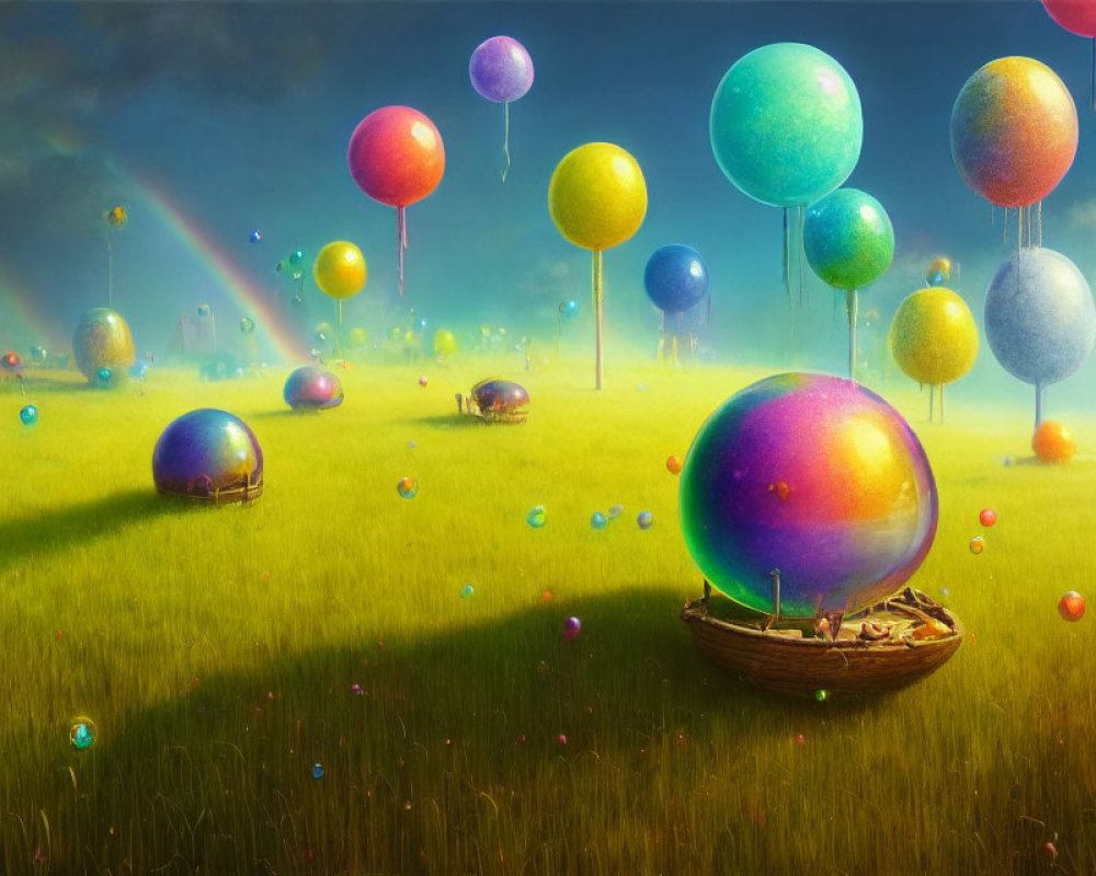 Vibrant balloons in whimsical landscape with rainbows