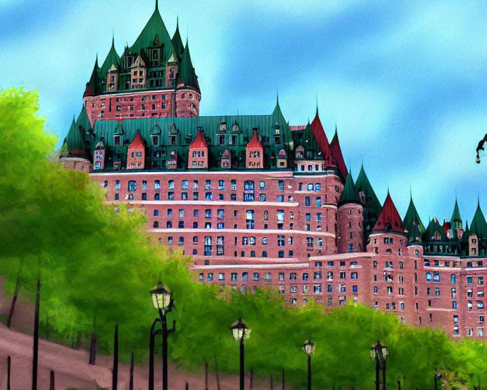 Fairmont Le Château Frontenac with turquoise sky and green foliage.