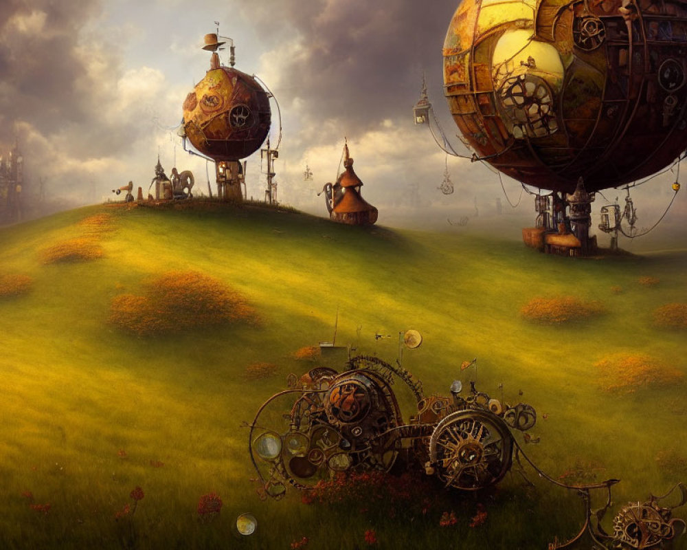 Fantasy landscape with spherical flying structures above green hillock