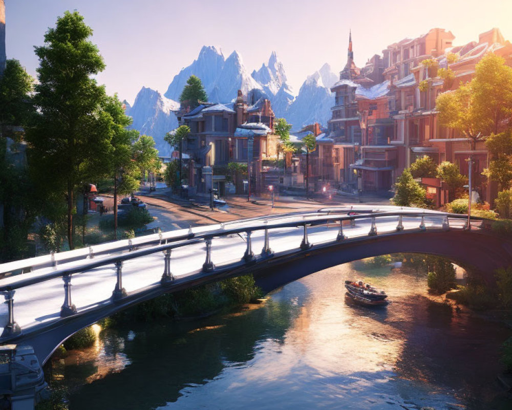 Classic architecture and river in picturesque town with mountains at sunrise