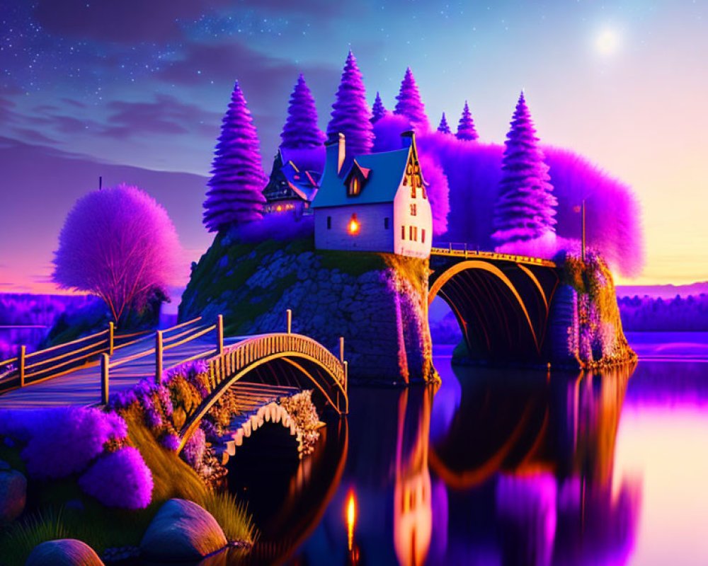 Fantasy landscape at dusk with starry sky, house on rocky island, bridge, purple-lit
