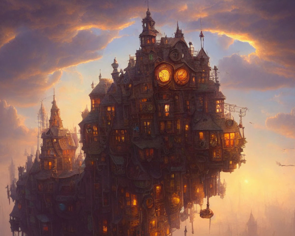 Floating steampunk building with clock faces in twilight sky, warm glows, ornate architecture,