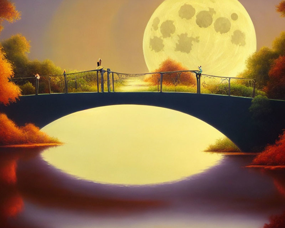 Tranquil painting of two figures on arched bridge under yellow moon