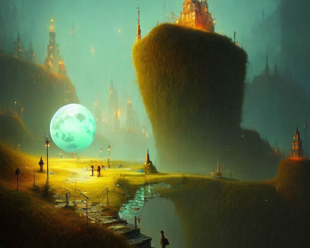 Enormous glowing orb in twilight landscape with tree, castles, and figures