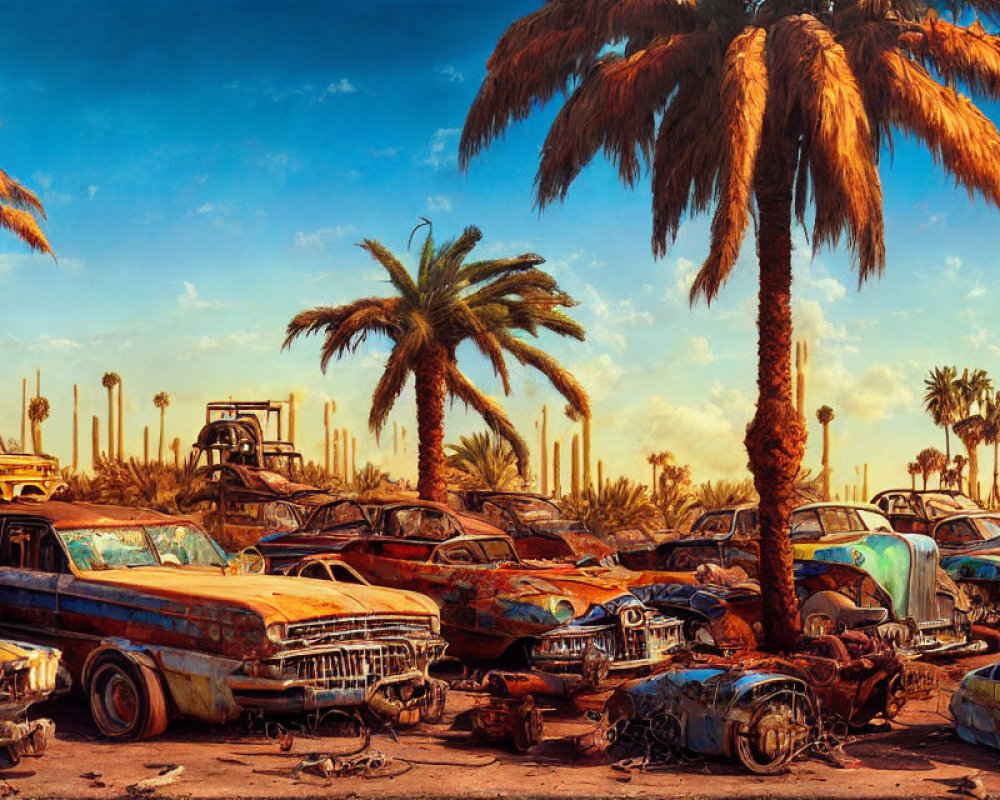 Vintage Car Junkyard with Rusting Vehicles and Palm Trees Under Clear Sky