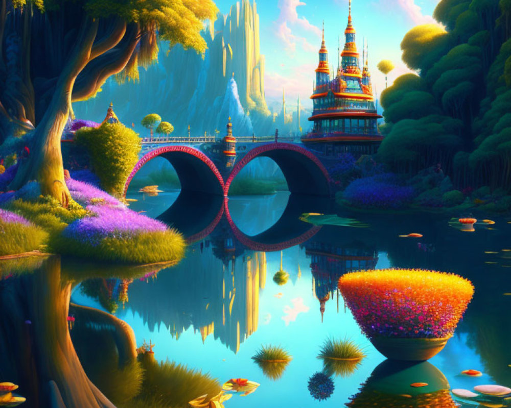 Fantasy landscape with reflective river, ornate bridge, colorful flora, water lilies, and majestic