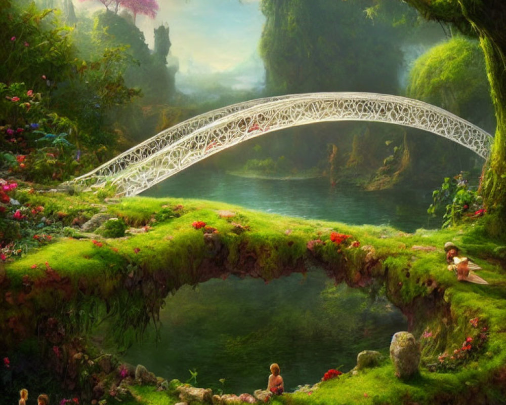 Fantasy landscape with white arched bridge over river and lush green cliffs