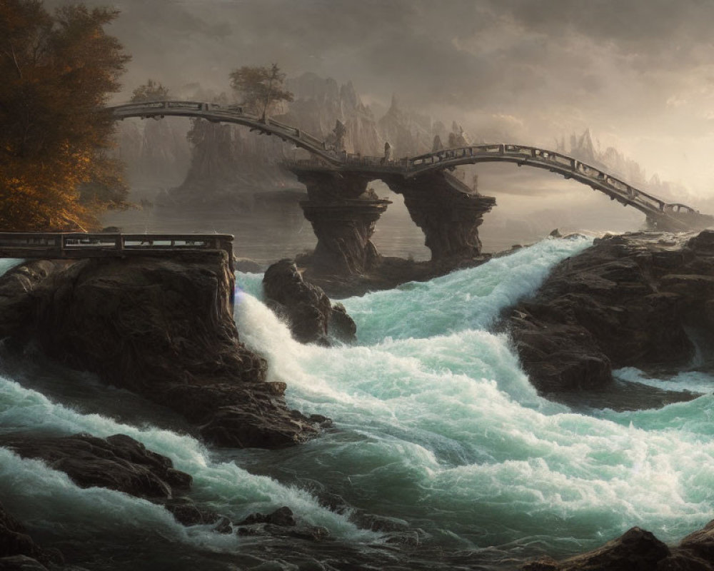 Stone bridge over blue waters in rugged autumn landscape