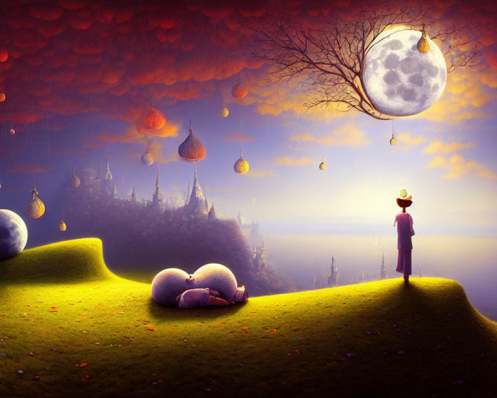 Person and sheep in surreal landscape with oversized moon, floating lightbulbs, and purple sky castle.