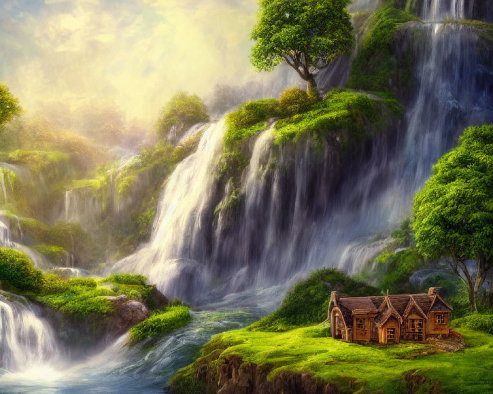 Majestic waterfall in serene landscape with wooden cottage and people