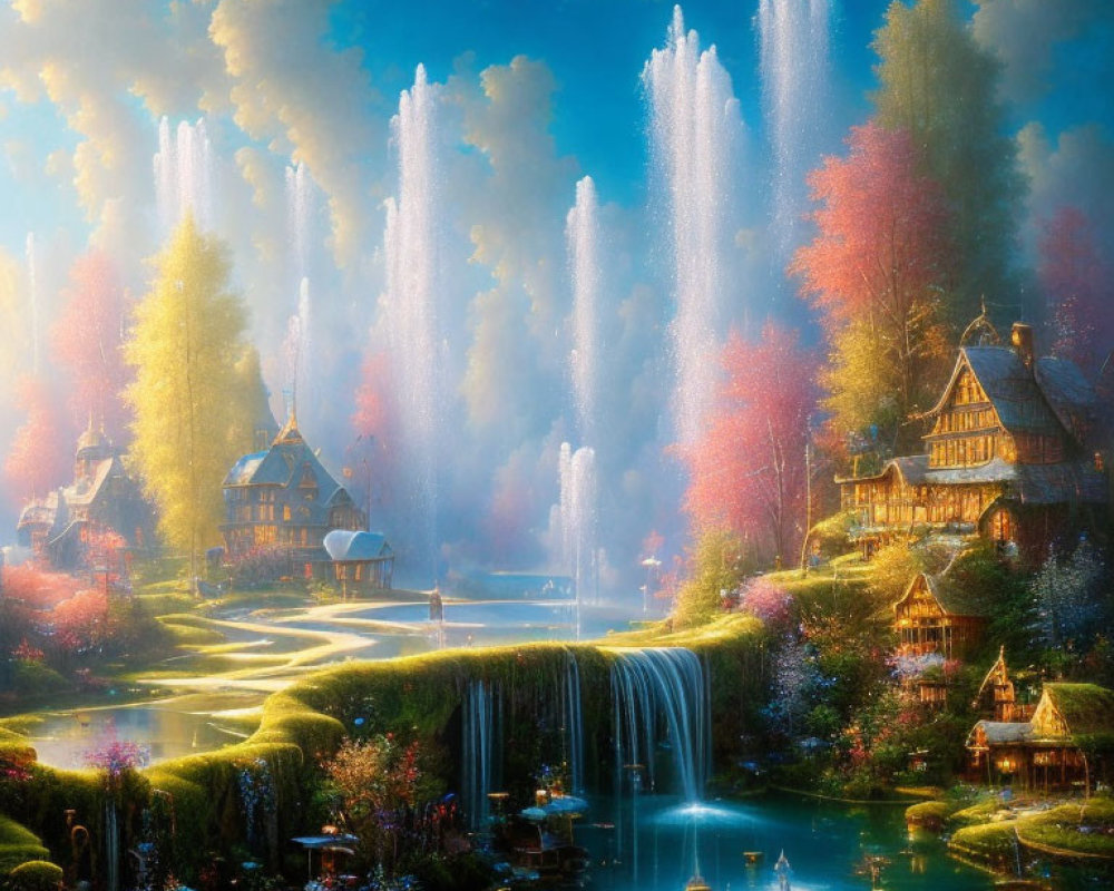 Colorful Fantasy Landscape with Waterfalls, River, and Quaint Houses