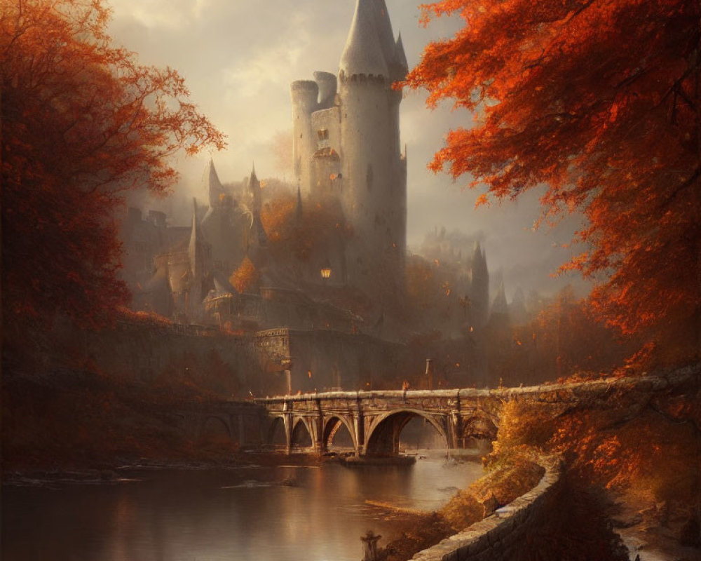Stone bridge over river to ancient castle in autumnal scene