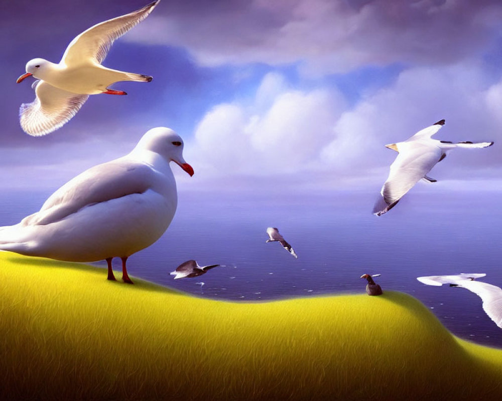 Seagulls Flying and Resting on Grassy Hill with Blue Sky