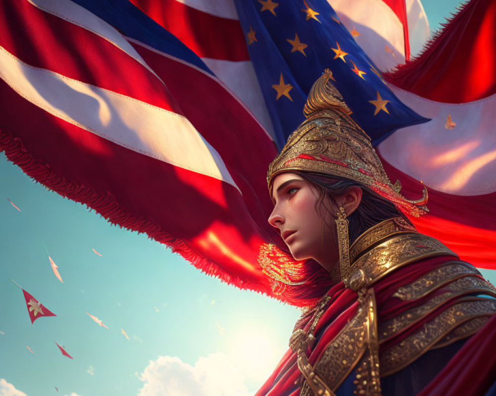 Digital artwork of female warrior in ornate armor with American and EU flags backdrop