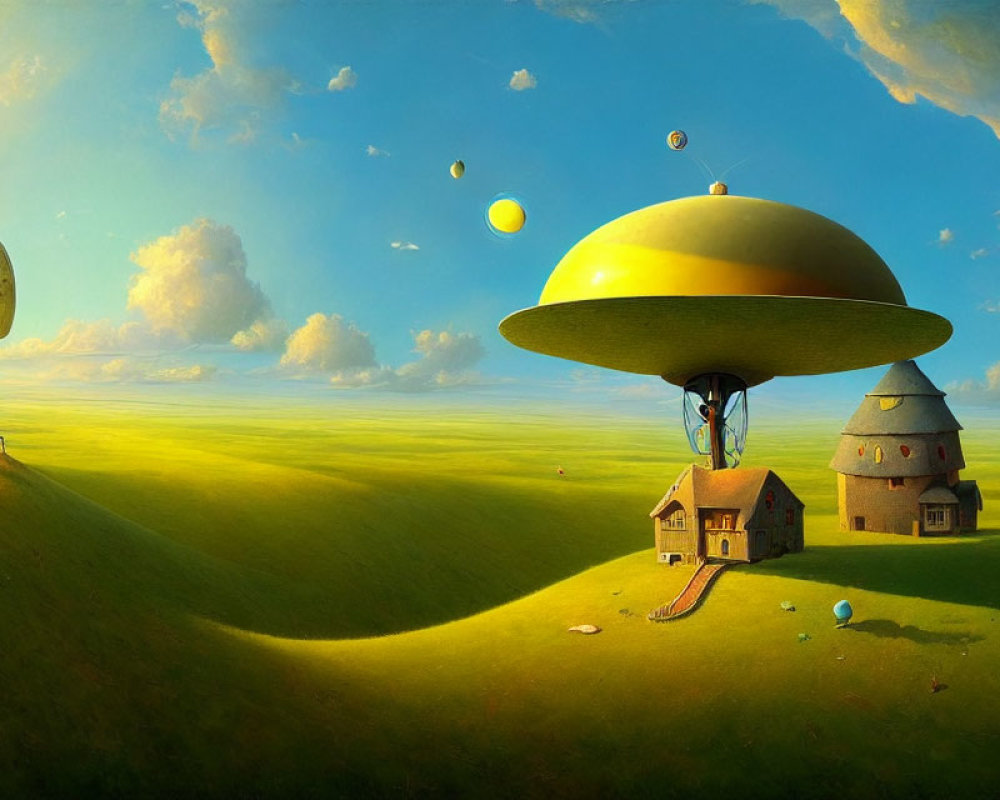 Surreal landscape featuring yellow flying saucer, whimsical houses, green hills, and floating bubbles