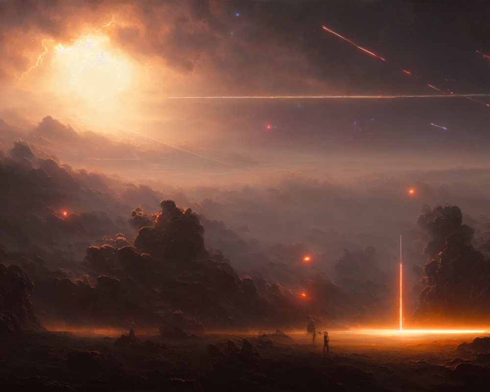 Sci-fi landscape with figures, explosion, and light streaks