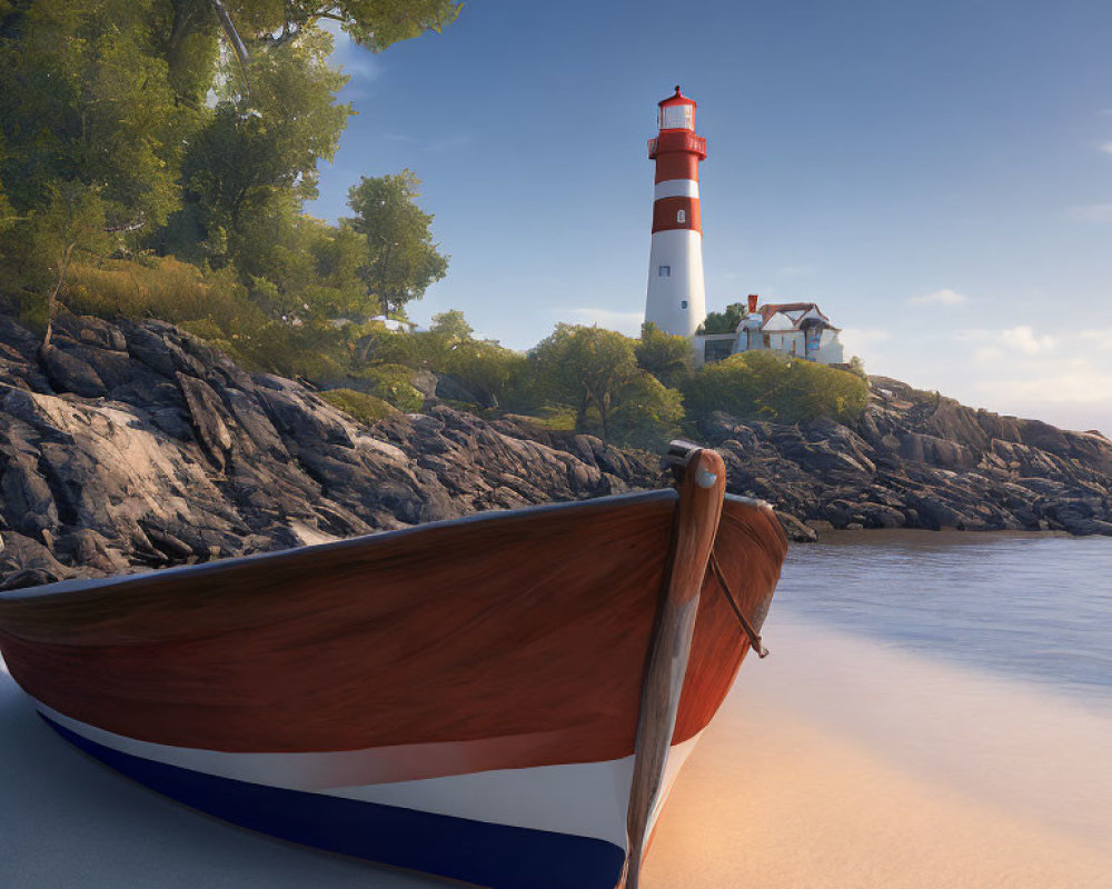 Tranquil beach with wooden boat, lighthouse on rocky cliff