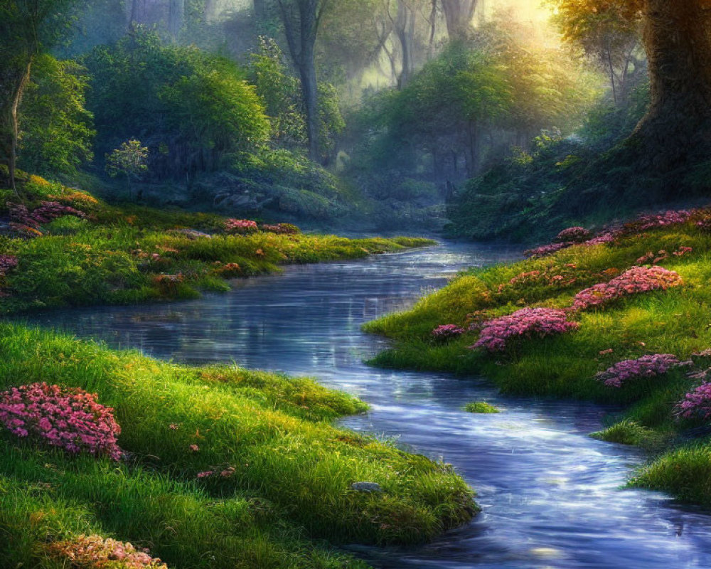 Tranquil forest scene with stream, greenery, wildflowers, and sunbeams